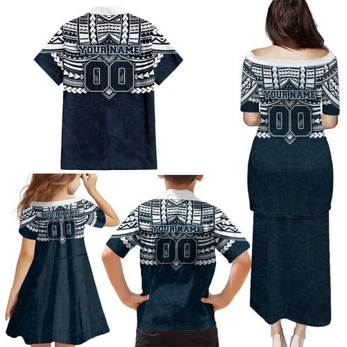 Personalized Carlton Blues Family Matching Puletasi and Hawaiian Shirt Polynesian Tribal Pattern Heritage Football