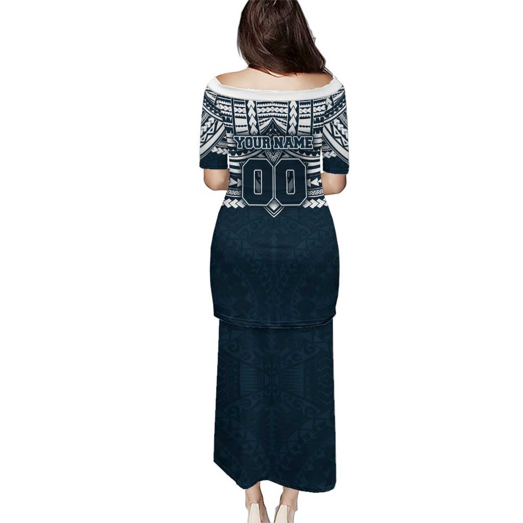 Personalized Carlton Blues Family Matching Puletasi and Hawaiian Shirt Polynesian Tribal Pattern Heritage Football