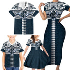 Personalized Carlton Blues Family Matching Short Sleeve Bodycon Dress and Hawaiian Shirt Polynesian Tribal Pattern Heritage Football