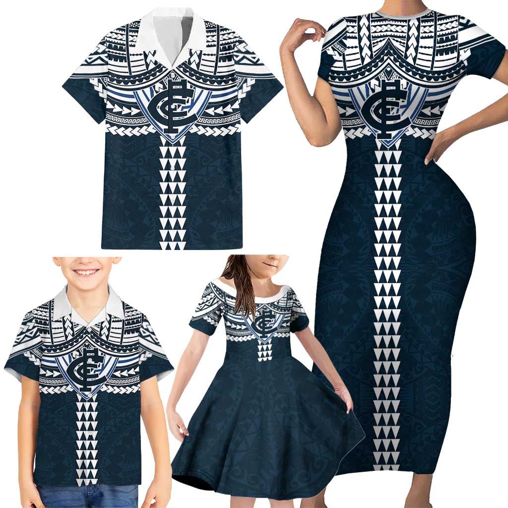 Personalized Carlton Blues Family Matching Short Sleeve Bodycon Dress and Hawaiian Shirt Polynesian Tribal Pattern Heritage Football
