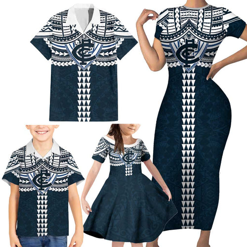 Personalized Carlton Blues Family Matching Short Sleeve Bodycon Dress and Hawaiian Shirt Polynesian Tribal Pattern Heritage Football
