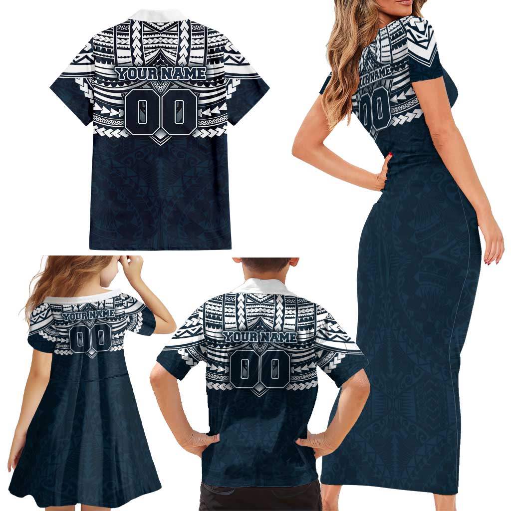 Personalized Carlton Blues Family Matching Short Sleeve Bodycon Dress and Hawaiian Shirt Polynesian Tribal Pattern Heritage Football