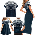 Personalized Carlton Blues Family Matching Short Sleeve Bodycon Dress and Hawaiian Shirt Polynesian Tribal Pattern Heritage Football