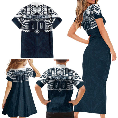Personalized Carlton Blues Family Matching Short Sleeve Bodycon Dress and Hawaiian Shirt Polynesian Tribal Pattern Heritage Football