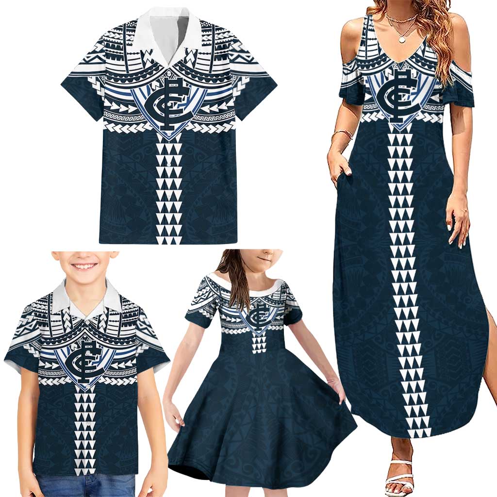 Personalized Carlton Blues Family Matching Summer Maxi Dress and Hawaiian Shirt Polynesian Tribal Pattern Heritage Football