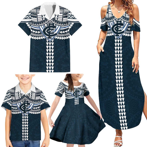 Personalized Carlton Blues Family Matching Summer Maxi Dress and Hawaiian Shirt Polynesian Tribal Pattern Heritage Football