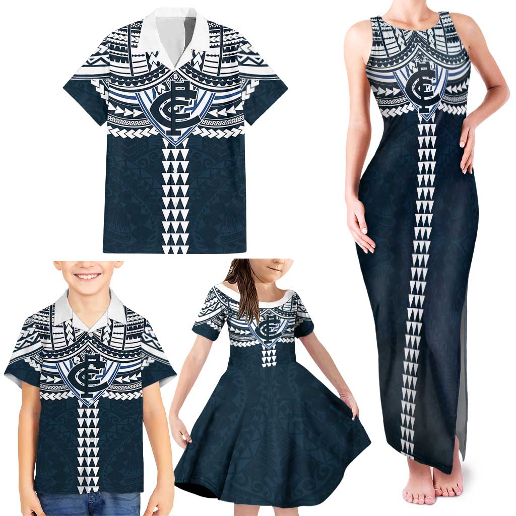 Personalized Carlton Blues Family Matching Tank Maxi Dress and Hawaiian Shirt Polynesian Tribal Pattern Heritage Football
