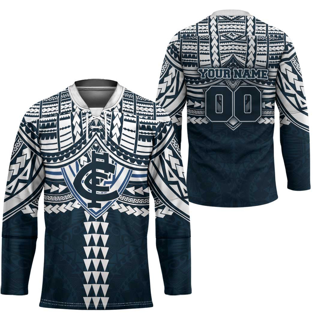 Personalized Carlton Blues Hockey Jersey Polynesian Tribal Pattern Heritage Football