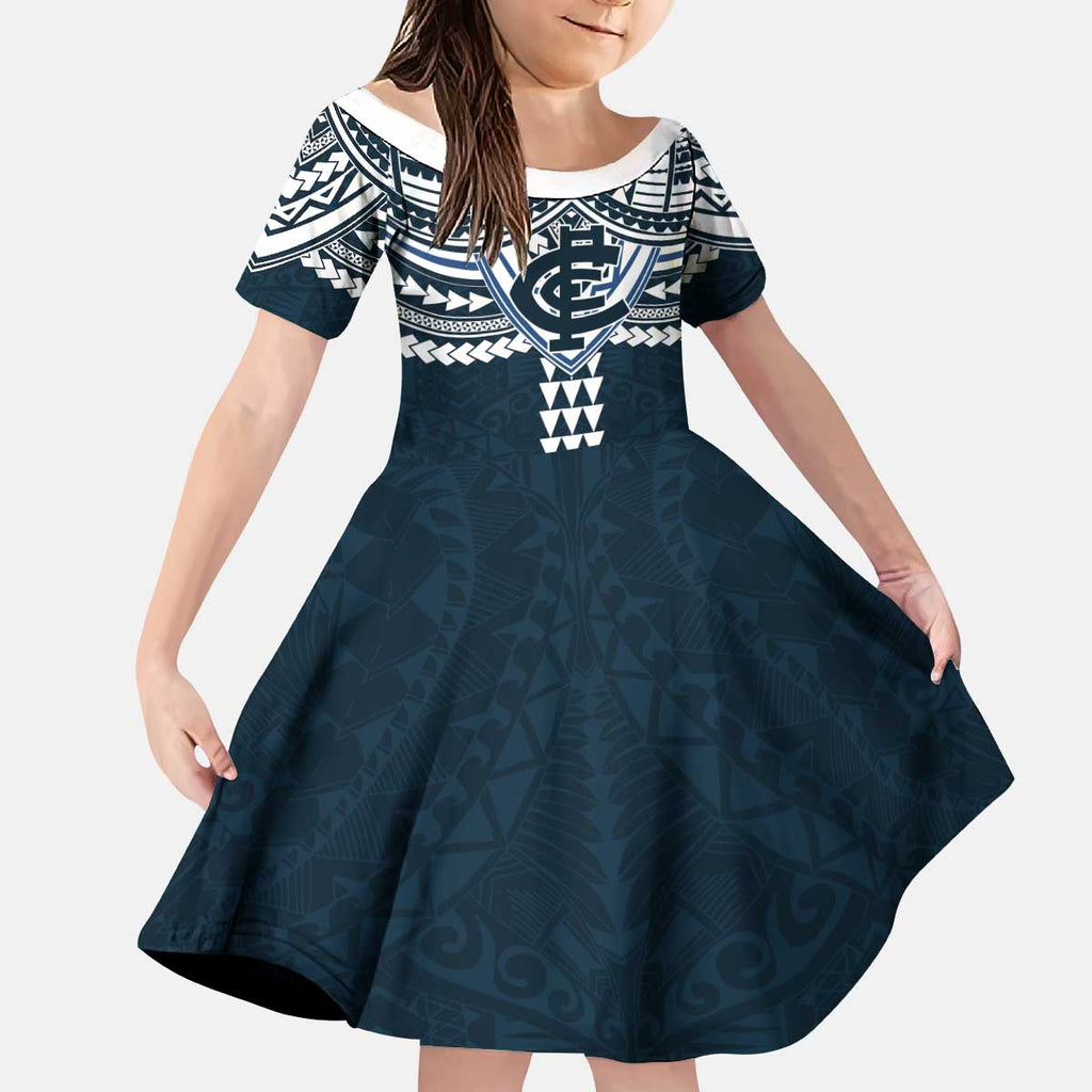 Personalized Carlton Blues Kid Short Sleeve Dress Polynesian Tribal Pattern Heritage Football