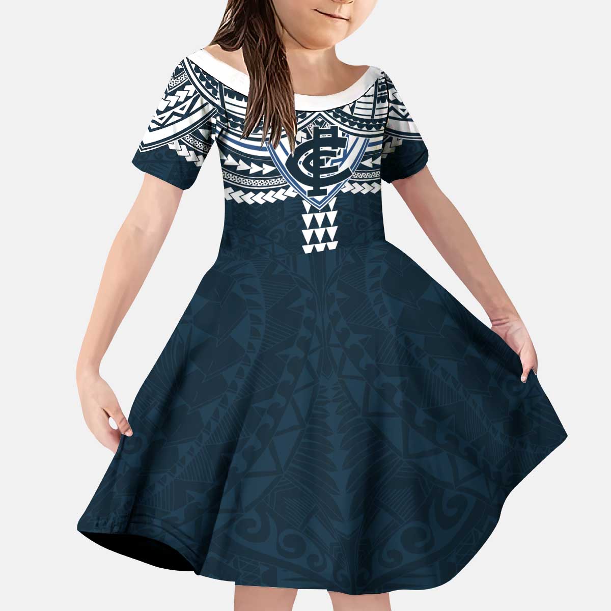 Personalized Carlton Blues Kid Short Sleeve Dress Polynesian Tribal Pattern Heritage Football