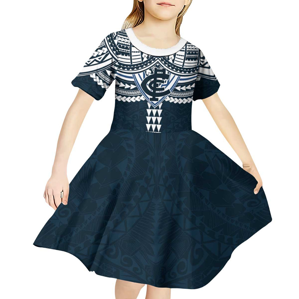 Personalized Carlton Blues Kid Short Sleeve Dress Polynesian Tribal Pattern Heritage Football