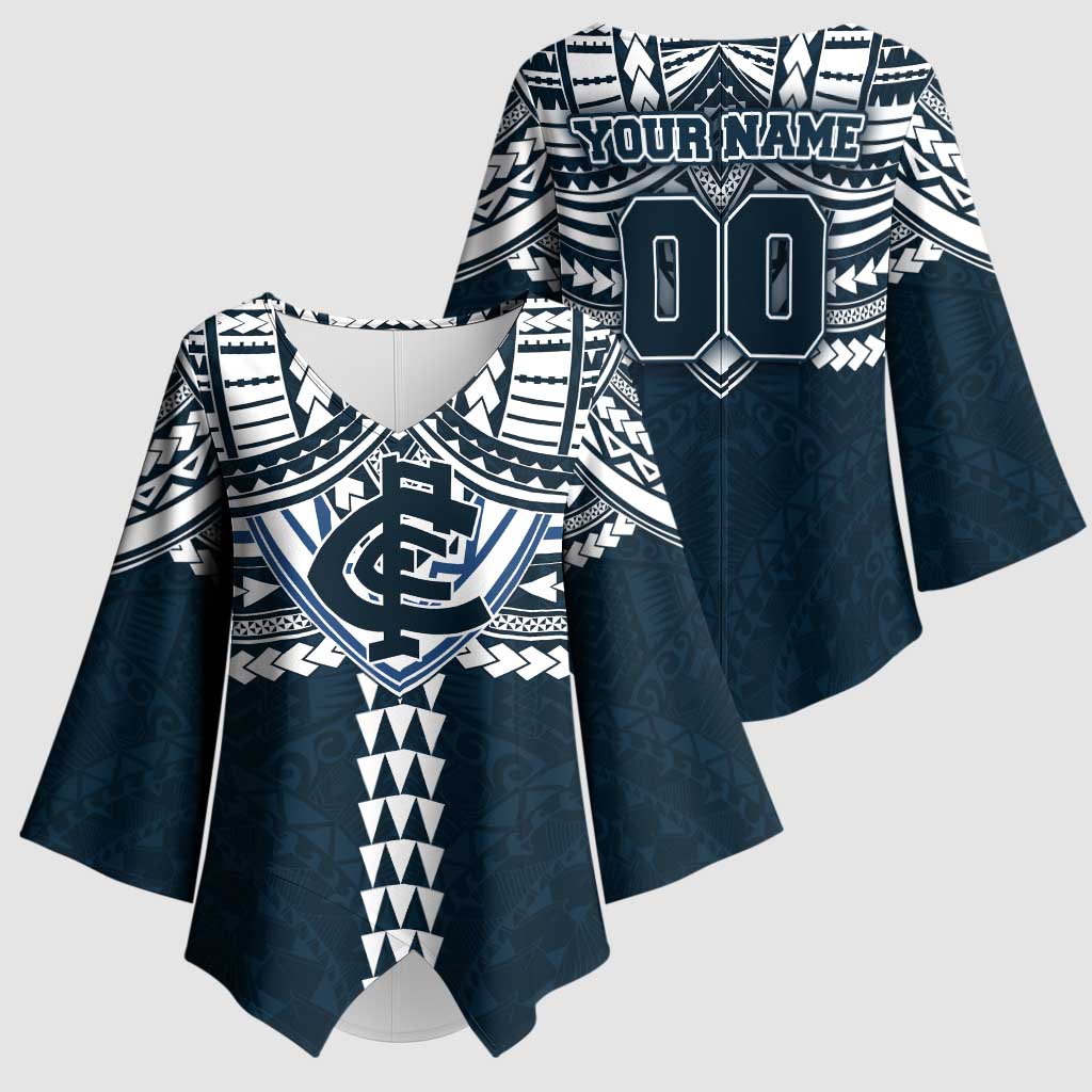 Personalized Carlton Blues Kimono Sleeve Blouse Polynesian Tribal Pattern Heritage Football