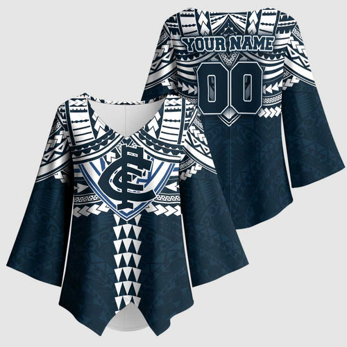 Personalized Carlton Blues Kimono Sleeve Blouse Polynesian Tribal Pattern Heritage Football