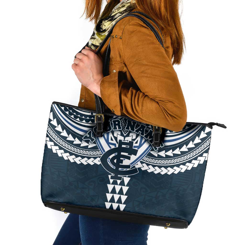 Personalized Carlton Blues Leather Tote Bag Polynesian Tribal Pattern Heritage Football