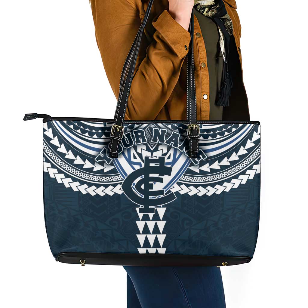 Personalized Carlton Blues Leather Tote Bag Polynesian Tribal Pattern Heritage Football