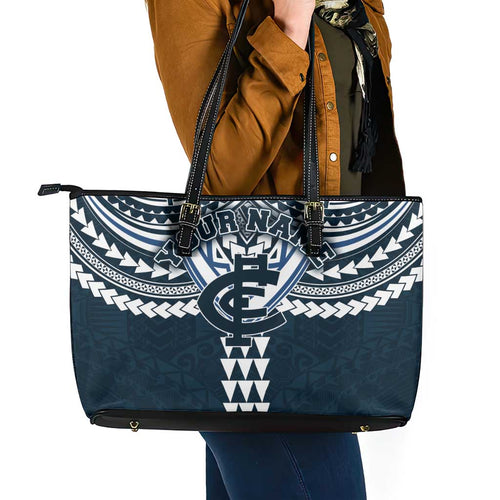 Personalized Carlton Blues Leather Tote Bag Polynesian Tribal Pattern Heritage Football