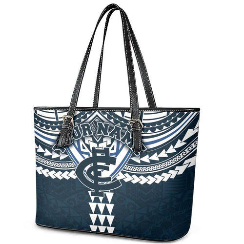 Personalized Carlton Blues Leather Tote Bag Polynesian Tribal Pattern Heritage Football