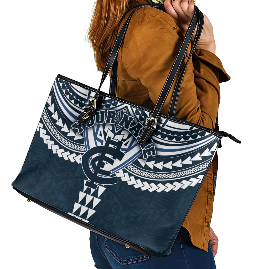 Personalized Carlton Blues Leather Tote Bag Polynesian Tribal Pattern Heritage Football