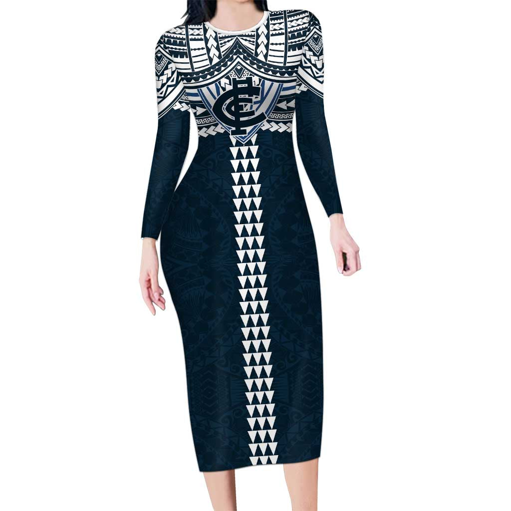 Personalized Carlton Blues Long Sleeve Bodycon Dress Polynesian Tribal Pattern Heritage Football