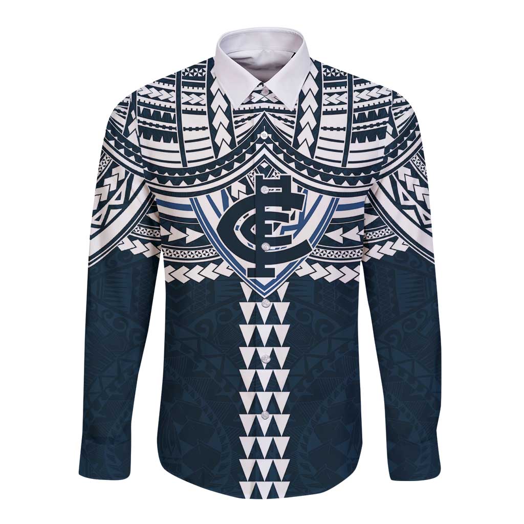 Personalized Carlton Blues Long Sleeve Button Shirt Polynesian Tribal Pattern Heritage Football