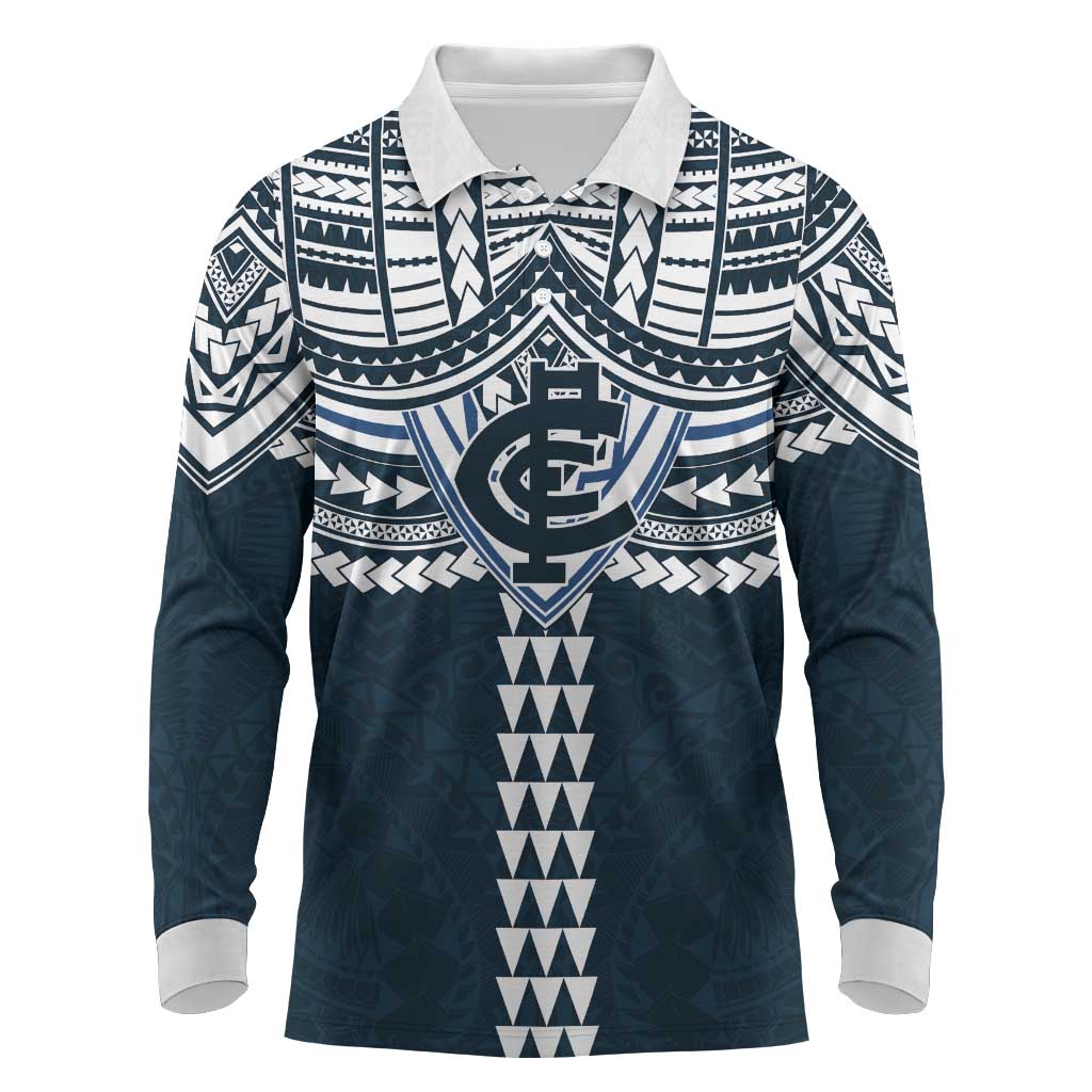 Personalized Carlton Blues Long Sleeve Polo Shirt Polynesian Tribal Pattern Heritage Football
