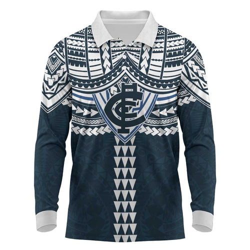 Personalized Carlton Blues Long Sleeve Polo Shirt Polynesian Tribal Pattern Heritage Football