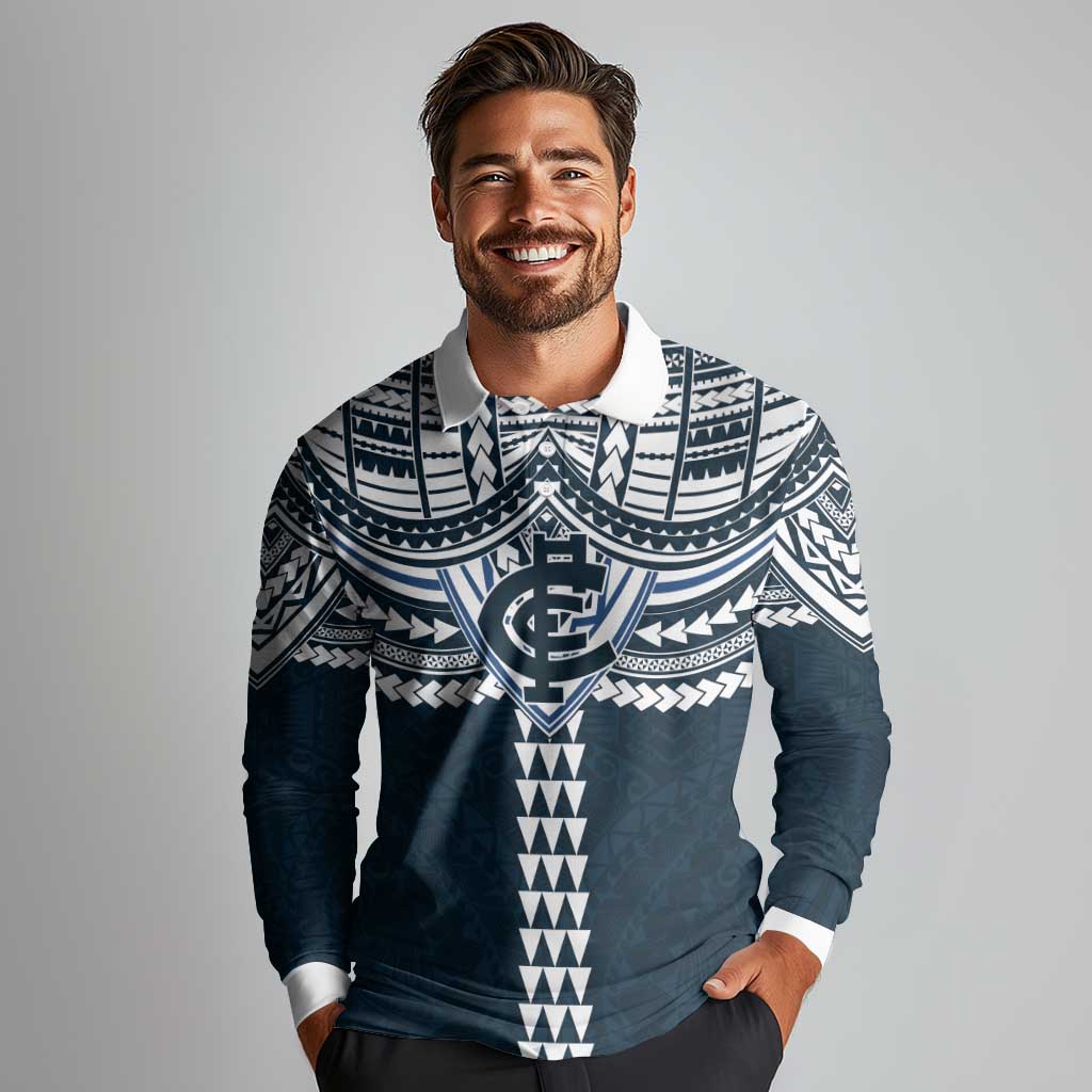Personalized Carlton Blues Long Sleeve Polo Shirt Polynesian Tribal Pattern Heritage Football