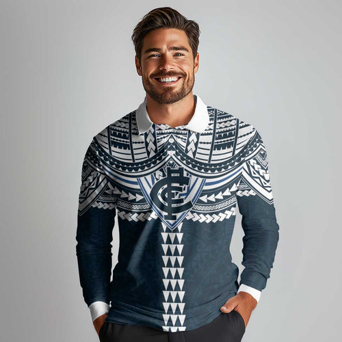 Personalized Carlton Blues Long Sleeve Polo Shirt Polynesian Tribal Pattern Heritage Football