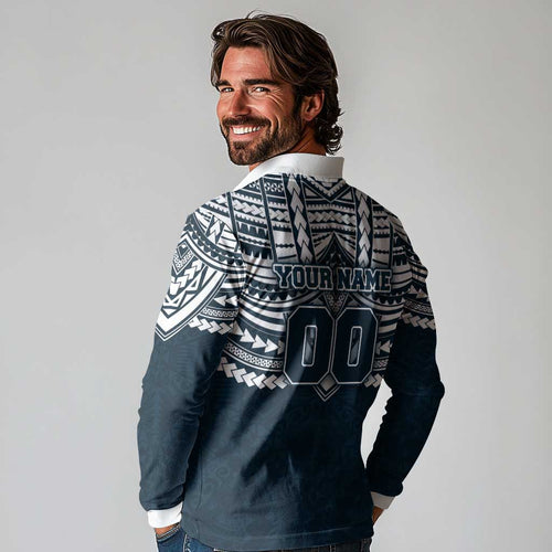 Personalized Carlton Blues Long Sleeve Polo Shirt Polynesian Tribal Pattern Heritage Football