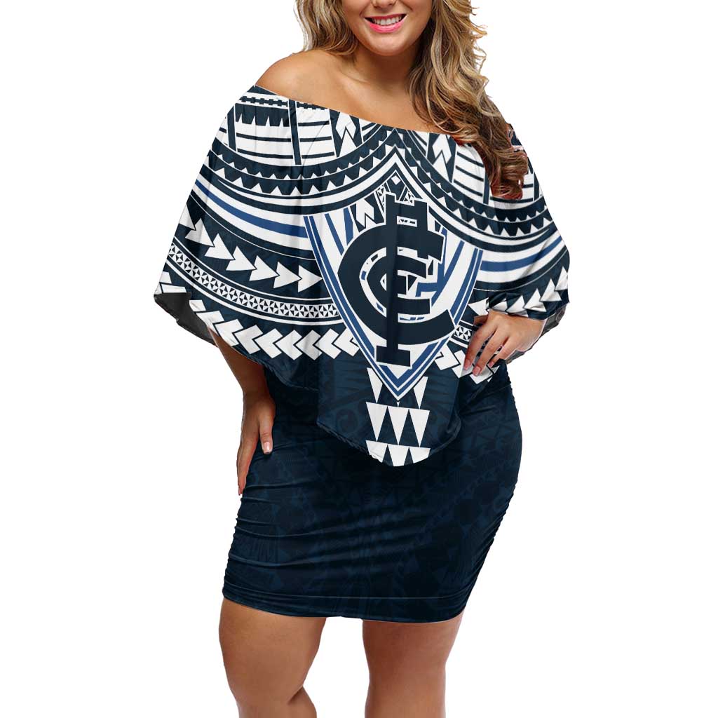Personalized Carlton Blues Off Shoulder Short Dress Polynesian Tribal Pattern Heritage Football