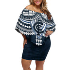 Personalized Carlton Blues Off Shoulder Short Dress Polynesian Tribal Pattern Heritage Football