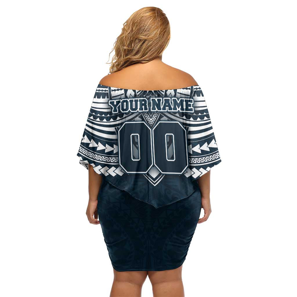 Personalized Carlton Blues Off Shoulder Short Dress Polynesian Tribal Pattern Heritage Football