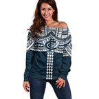 Personalized Carlton Blues Off Shoulder Sweater Polynesian Tribal Pattern Heritage Football
