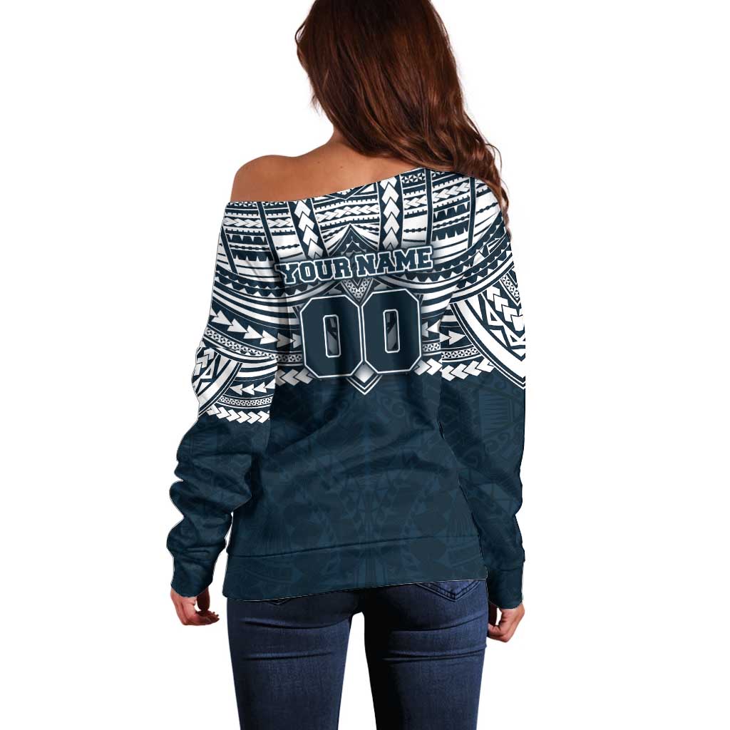 Personalized Carlton Blues Off Shoulder Sweater Polynesian Tribal Pattern Heritage Football