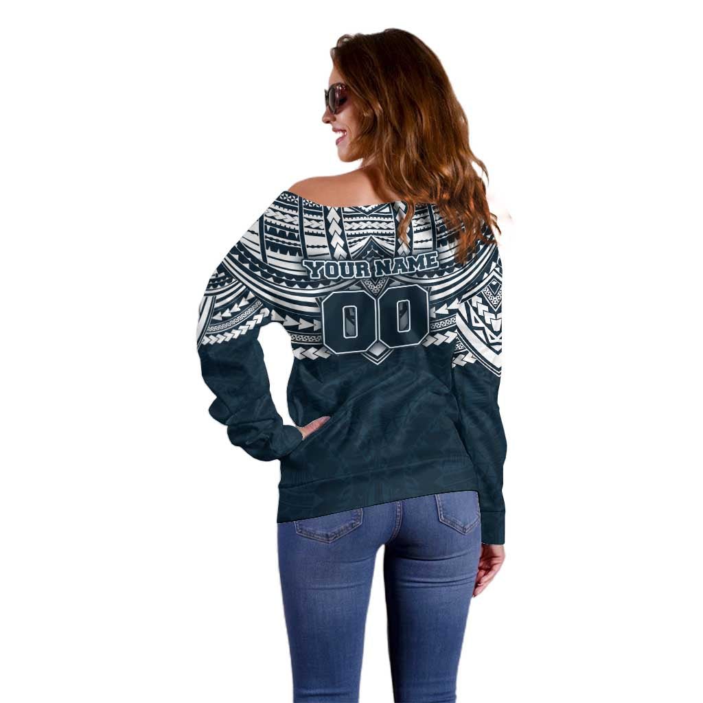 Personalized Carlton Blues Off Shoulder Sweater Polynesian Tribal Pattern Heritage Football