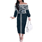 Personalized Carlton Blues Off The Shoulder Long Sleeve Dress Polynesian Tribal Pattern Heritage Football
