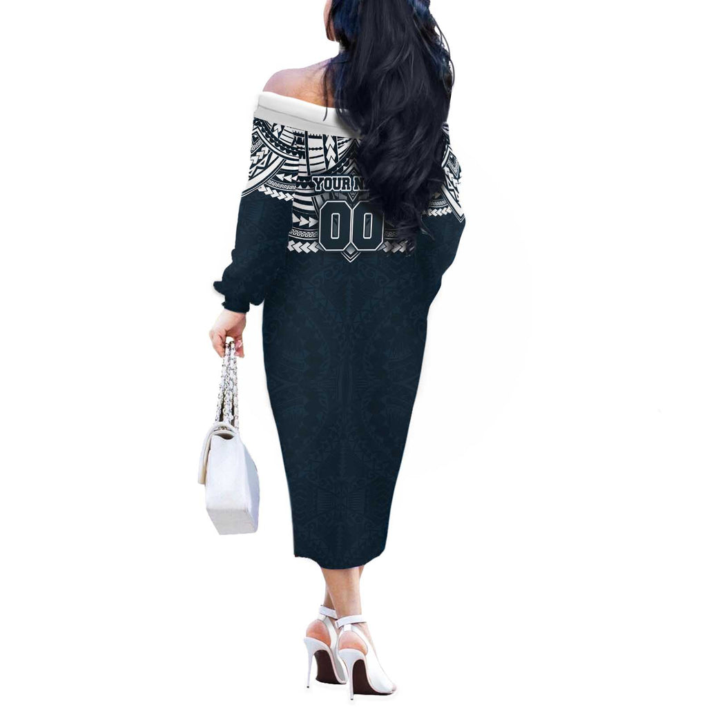 Personalized Carlton Blues Off The Shoulder Long Sleeve Dress Polynesian Tribal Pattern Heritage Football