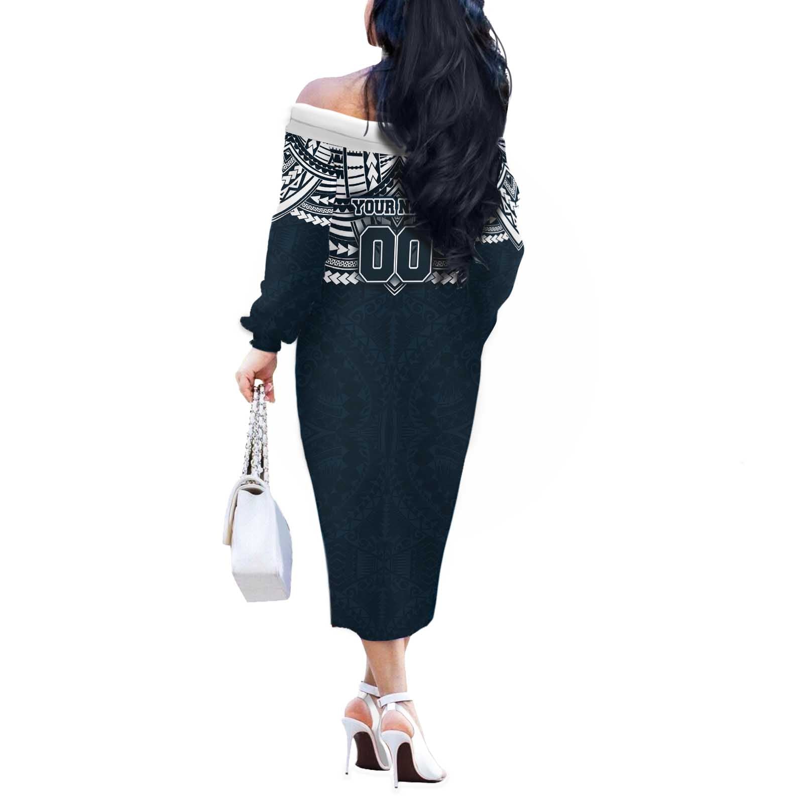 Personalized Carlton Blues Off The Shoulder Long Sleeve Dress Polynesian Tribal Pattern Heritage Football