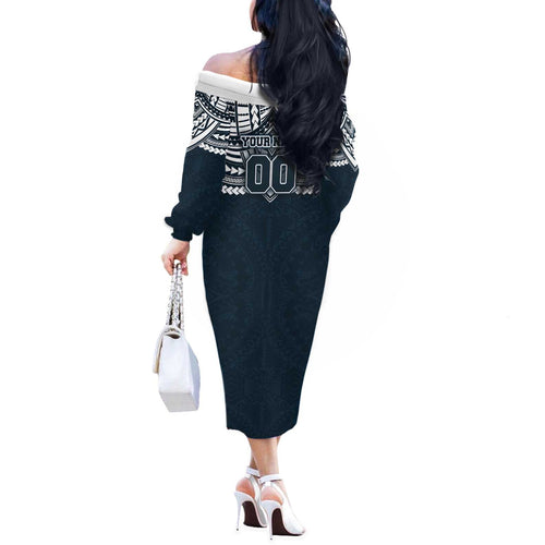 Personalized Carlton Blues Off The Shoulder Long Sleeve Dress Polynesian Tribal Pattern Heritage Football