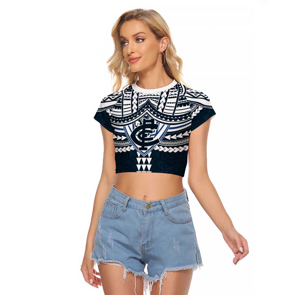Personalized Carlton Blues Raglan Cropped T Shirt Polynesian Tribal Pattern Heritage Football