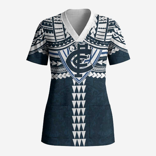 Personalized Carlton Blues Scrub Top Polynesian Tribal Pattern Heritage Football