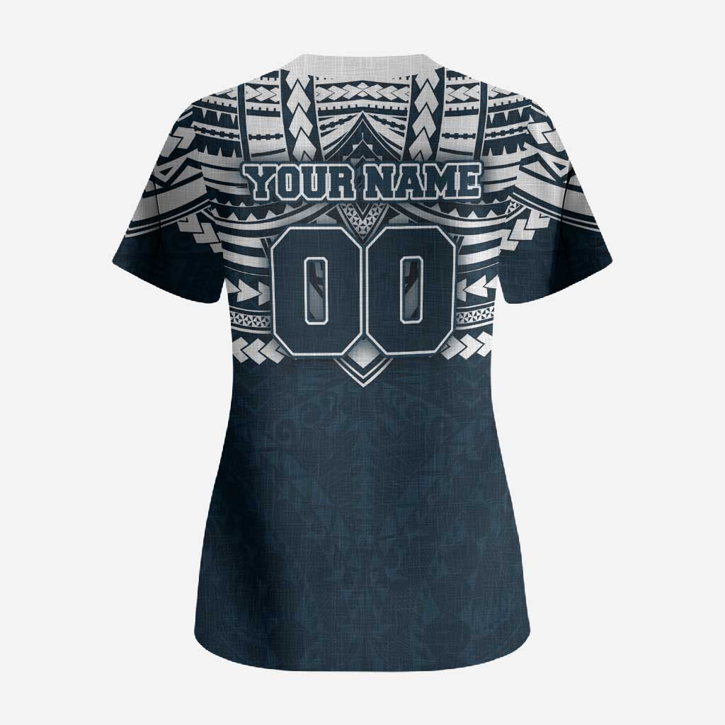 Personalized Carlton Blues Scrub Top Polynesian Tribal Pattern Heritage Football