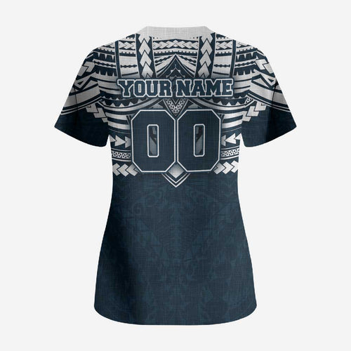 Personalized Carlton Blues Scrub Top Polynesian Tribal Pattern Heritage Football