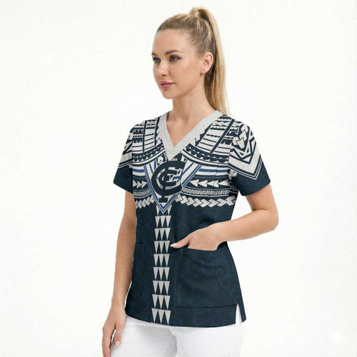 Personalized Carlton Blues Scrub Top Polynesian Tribal Pattern Heritage Football