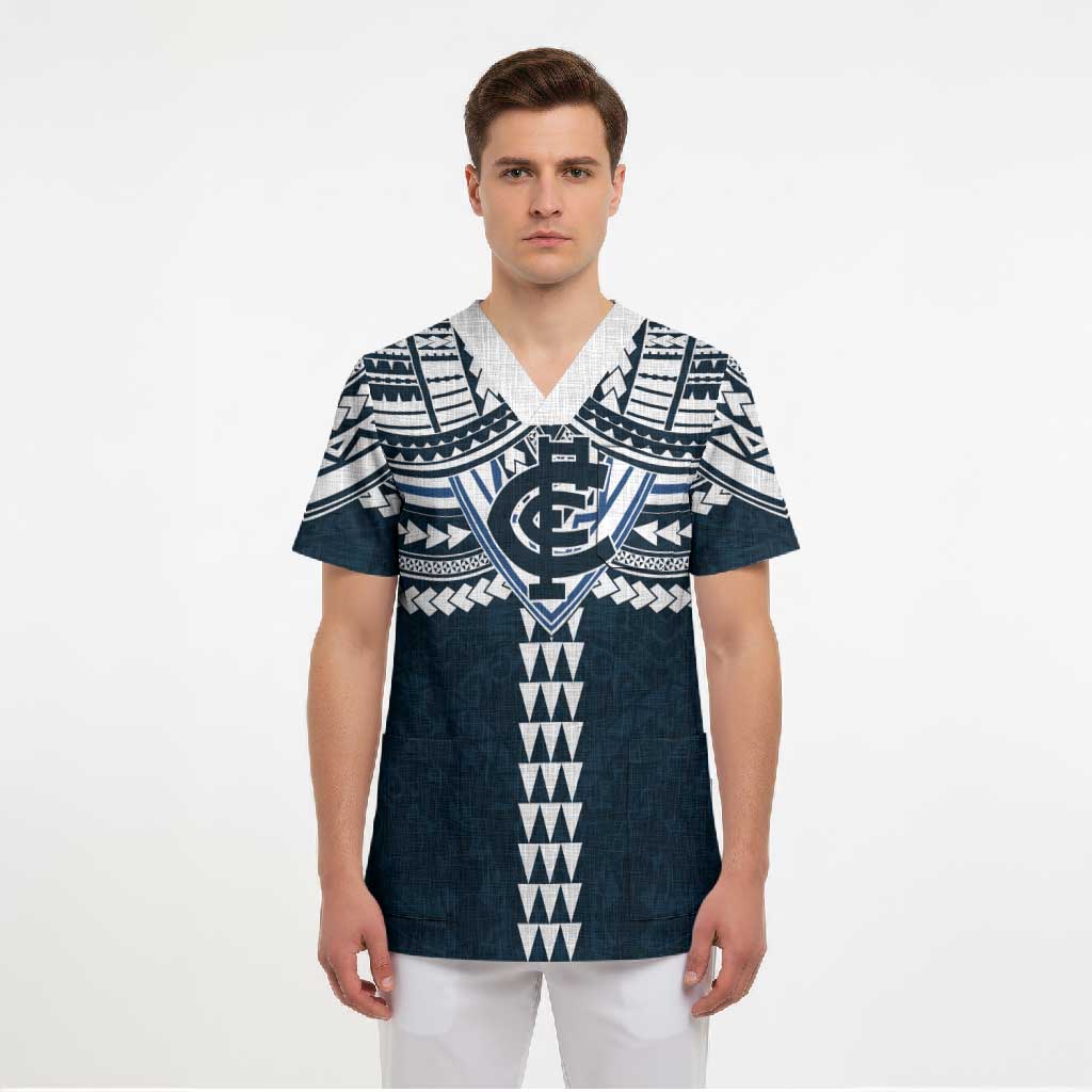 Personalized Carlton Blues Scrub Top Polynesian Tribal Pattern Heritage Football
