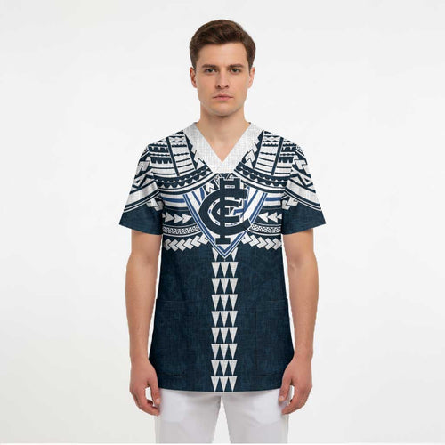 Personalized Carlton Blues Scrub Top Polynesian Tribal Pattern Heritage Football