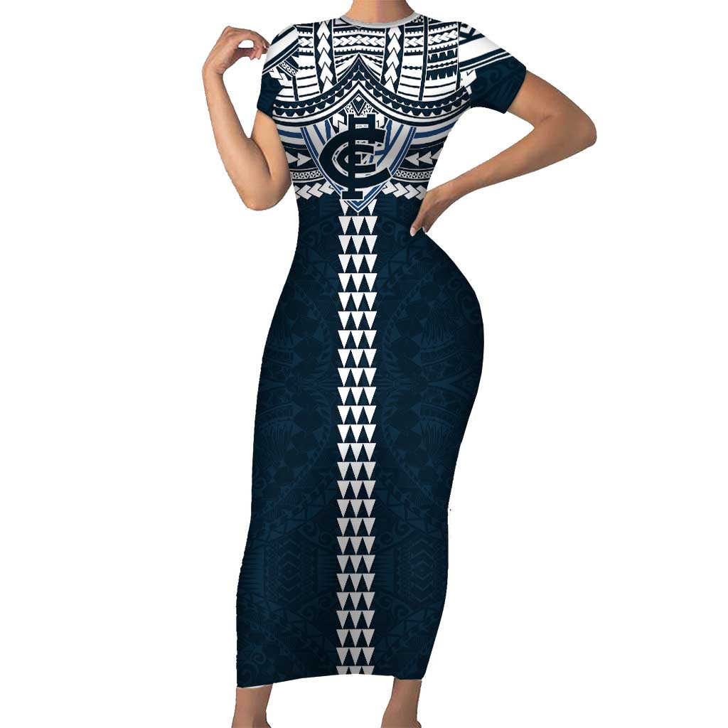 Personalized Carlton Blues Short Sleeve Bodycon Dress Polynesian Tribal Pattern Heritage Football