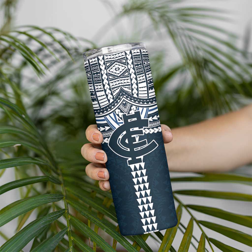 Personalized Carlton Blues Skinny Tumbler Polynesian Tribal Pattern Heritage Football