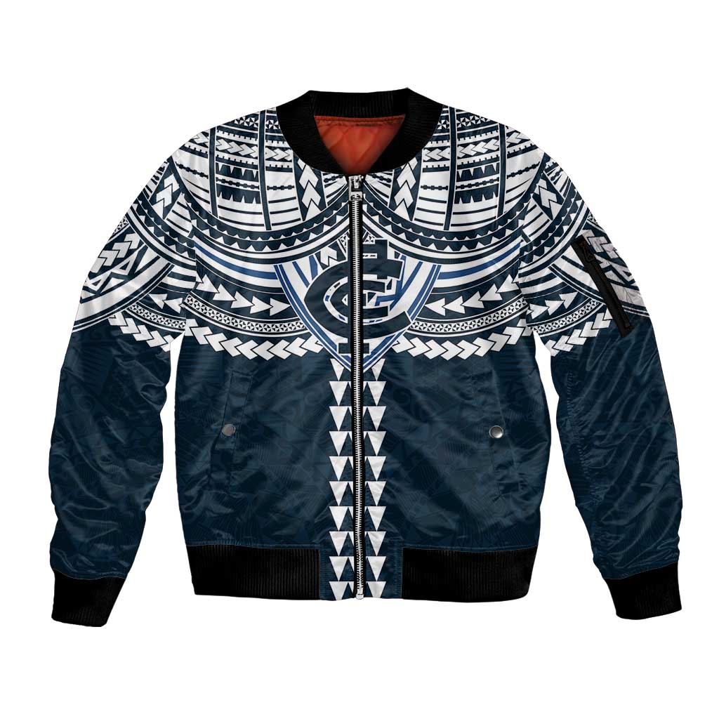 Personalized Carlton Blues Sleeve Zip Bomber Jacket Polynesian Tribal Pattern Heritage Football