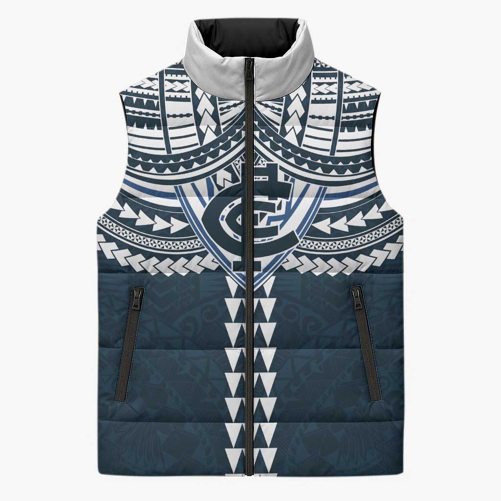 Personalized Carlton Blues Sleeveless Puffer Jacket Polynesian Tribal Pattern Heritage Football